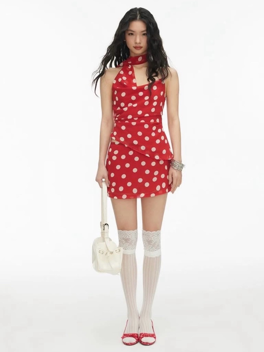 Cider Red and White Polka Dot Halter Mini Dress